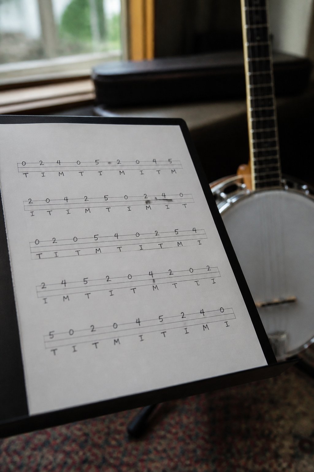 A hand written page of banjo tablature on a music stand, five lines with fret numbers and finger letters below