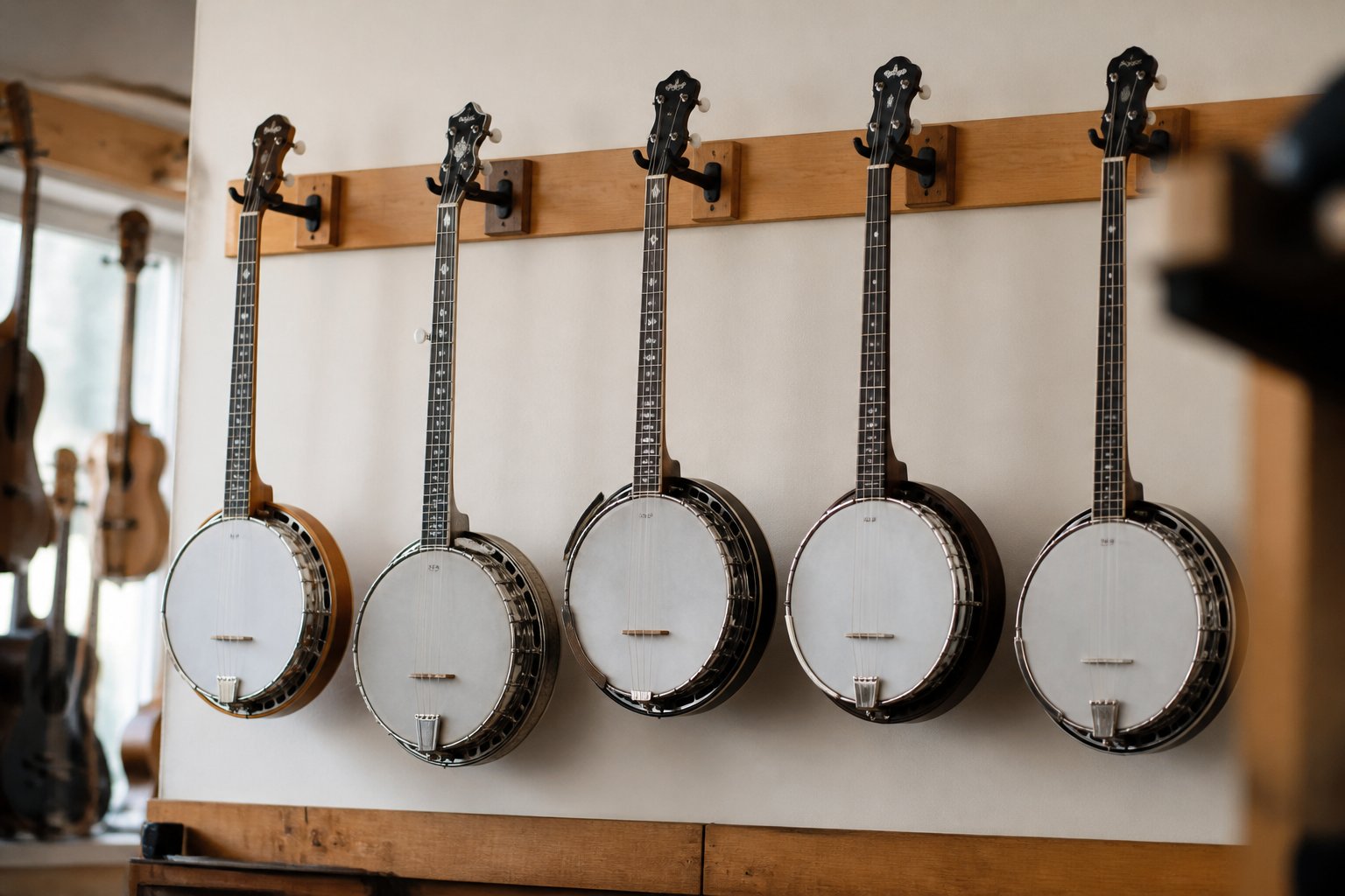 A row of five string banjos hanging on a music shop wall, open back and resonator models side by side