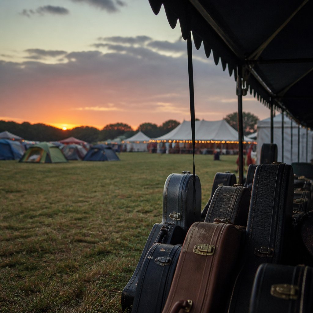 A festival field at dusk with tents and a marquee, instrument cases stacked under an awning
