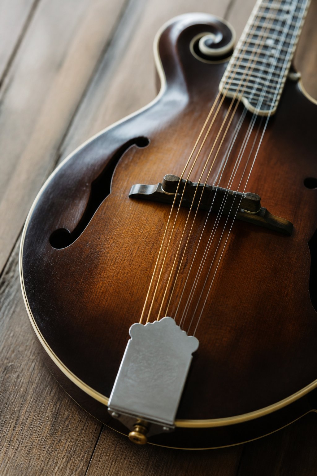 Close view of the carved top of an f-hole mandolin, showing the floating bridge and the tailpiece