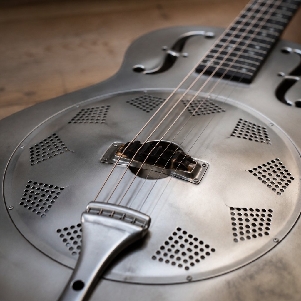 The perforated metal coverplate of a resonator guitar seen from above, with the bridge sitting over the cone