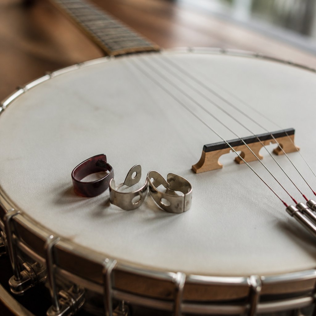 A thumbpick and two metal fingerpicks resting on a banjo head next to the bridge
