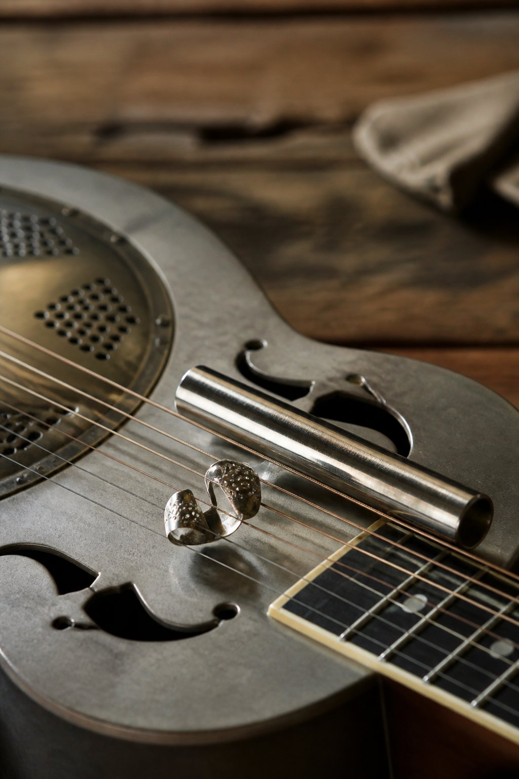 A grooved steel bar and two fingerpicks resting on the strings of a squareneck resonator guitar