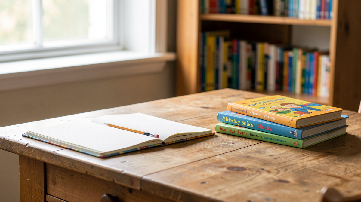 A wooden desk with an open notebook, a pencil, and a small stack of children's books, lit by soft morning light from a window, with a bookshelf blurred in the background.