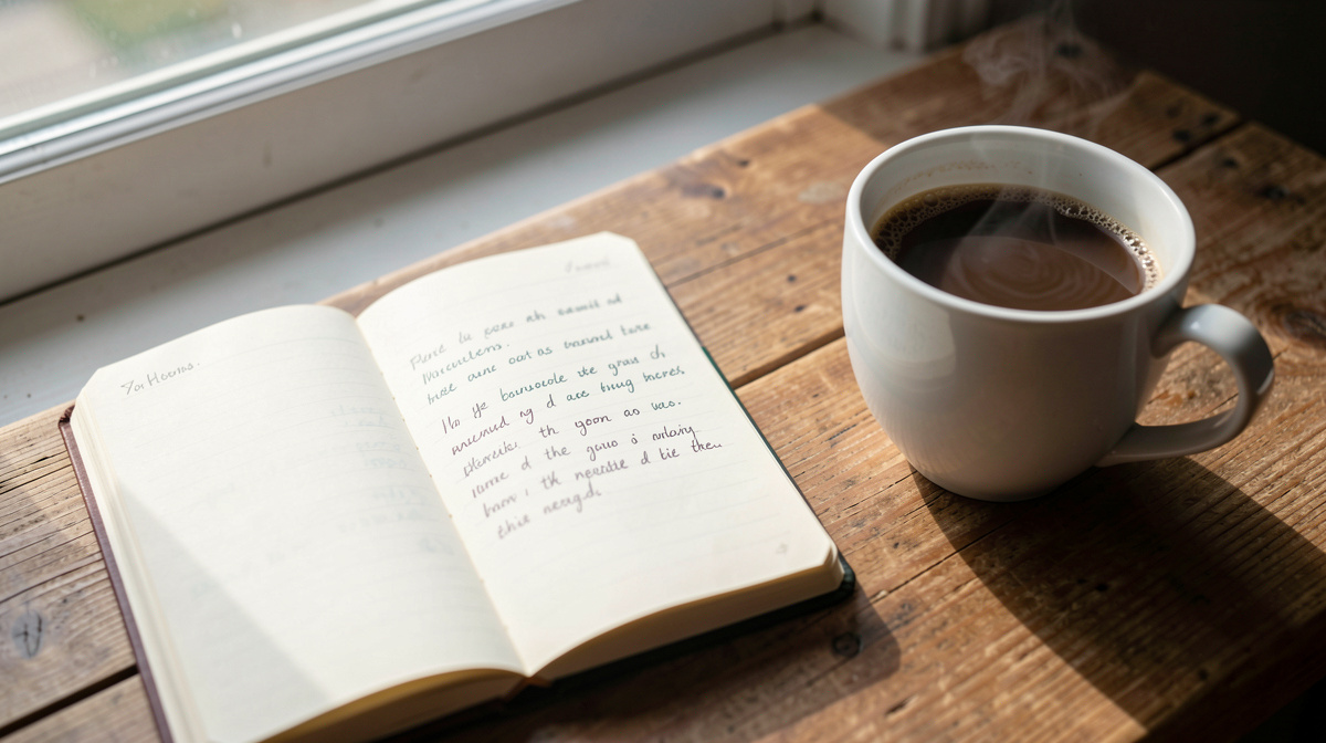 A small open notebook on a wooden table beside a cold cup of coffee, morning light from a window falling across handwritten lines, close crop on the page and the cup.