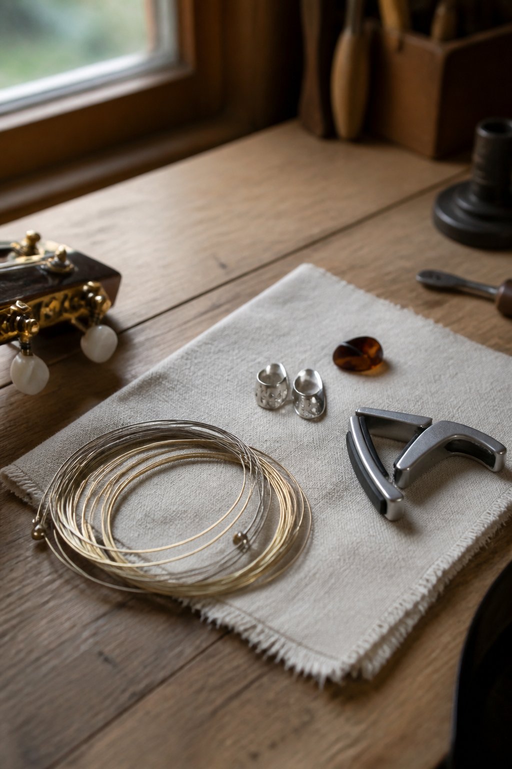 A workbench with fresh string sets, a thumbpick, two metal fingerpicks and a capo laid out on a cloth